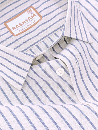 Pienza Premium Linen Cotton Blue Stripe On Cream Formal Shirt