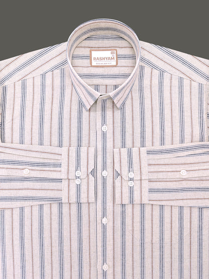 Pienza Premium Linen Cotton Multi Black With Maroon Stripe On Cream Formal Shirt