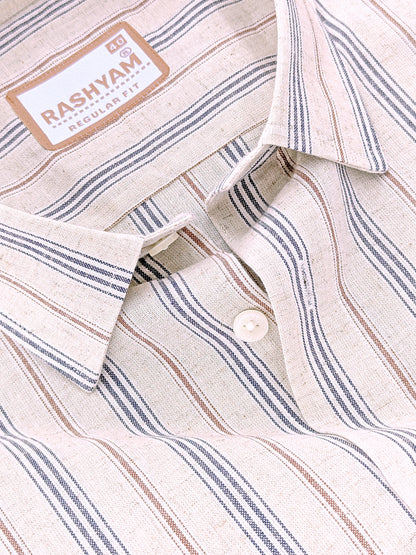 Pienza Premium Linen Cotton Multi Black With Maroon Stripe On Cream Formal Shirt