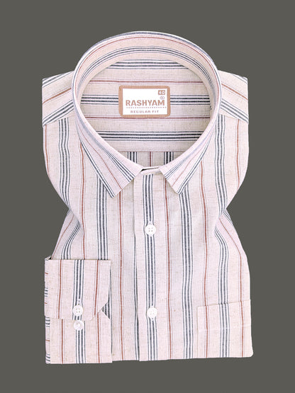 Pienza Premium Linen Cotton Multi Black With Maroon Stripe On Cream Formal Shirt