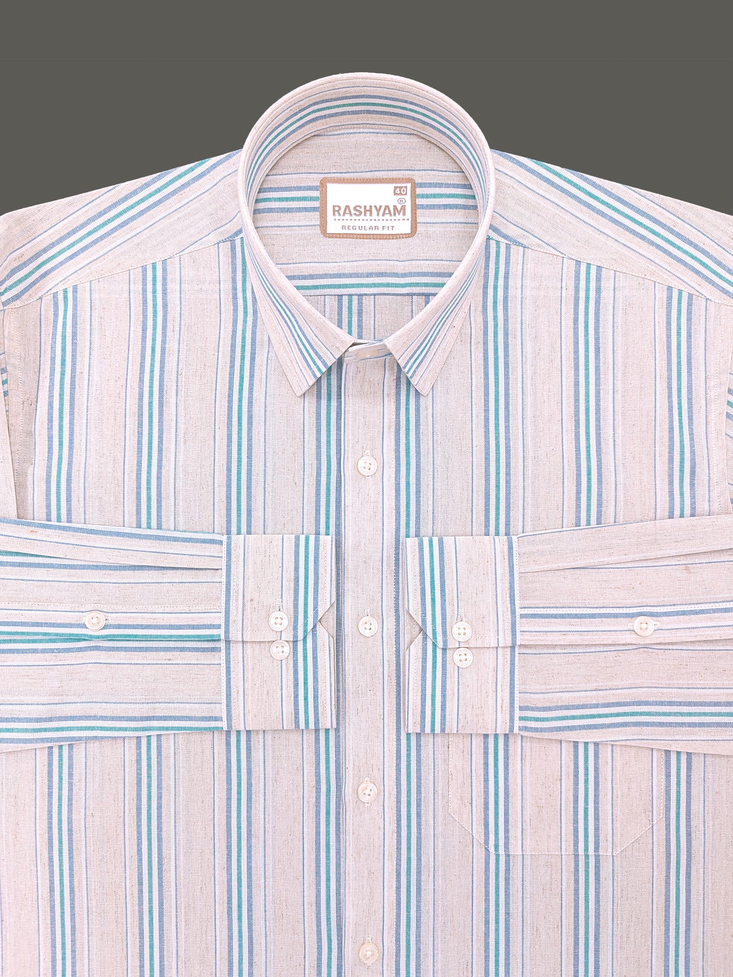 Premium Linen Cotton Off-White with Teal & Sky Blue Stripes Shirt