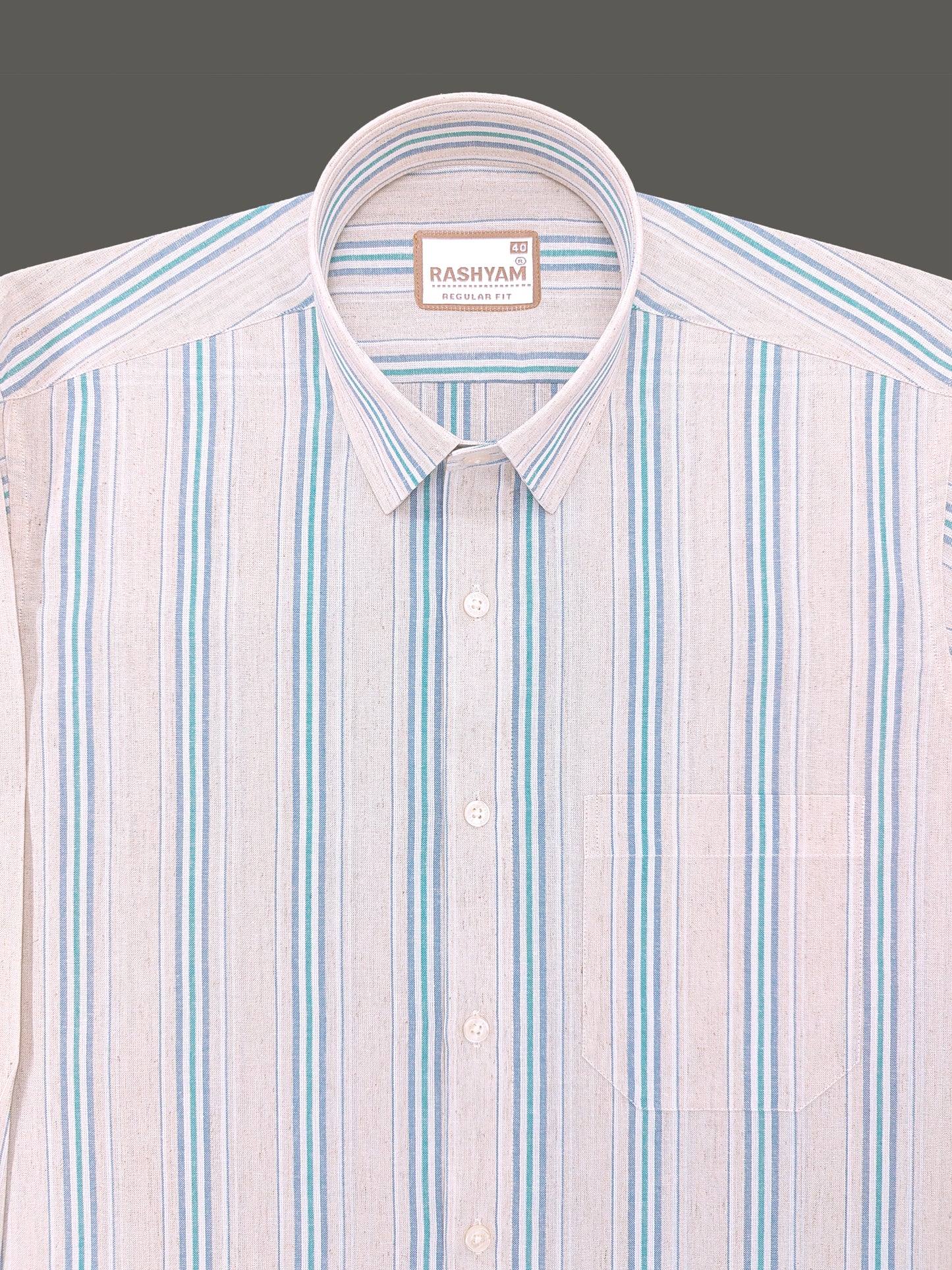 Premium Linen Cotton Off-White with Teal & Sky Blue Stripes Shirt