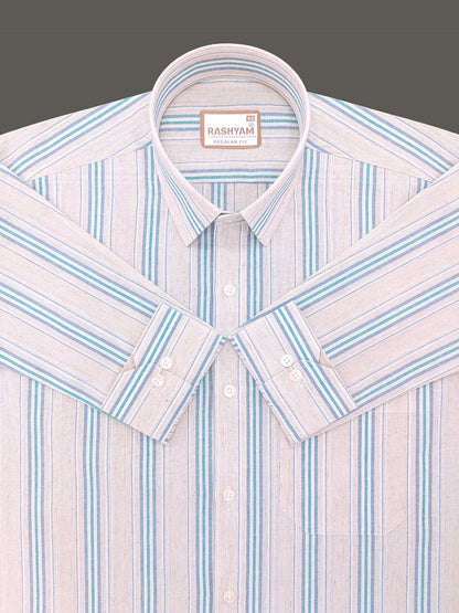 Premium Linen Cotton Off-White with Teal & Sky Blue Stripes Shirt