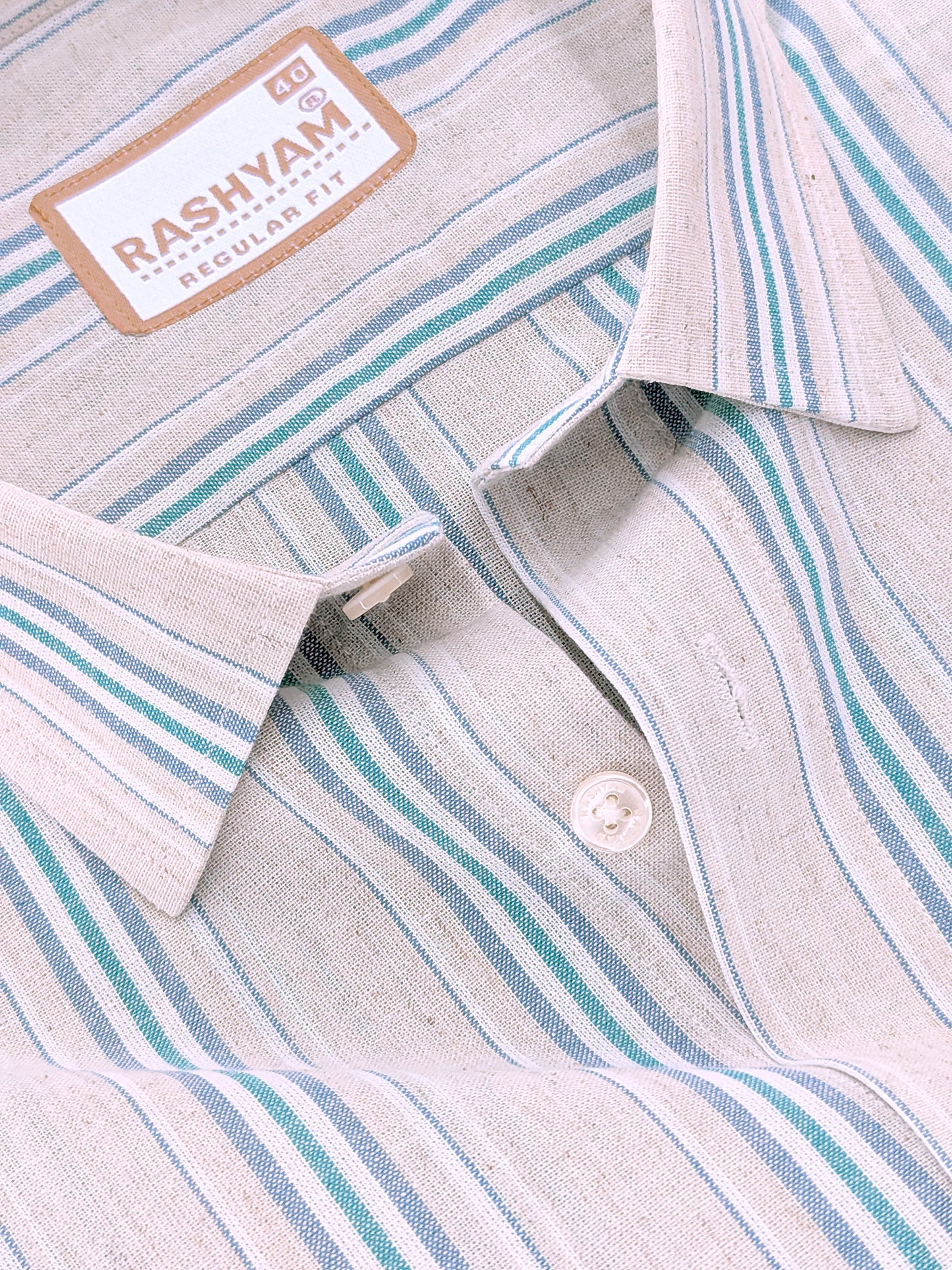 Premium Linen Cotton Off-White with Teal & Sky Blue Stripes Shirt