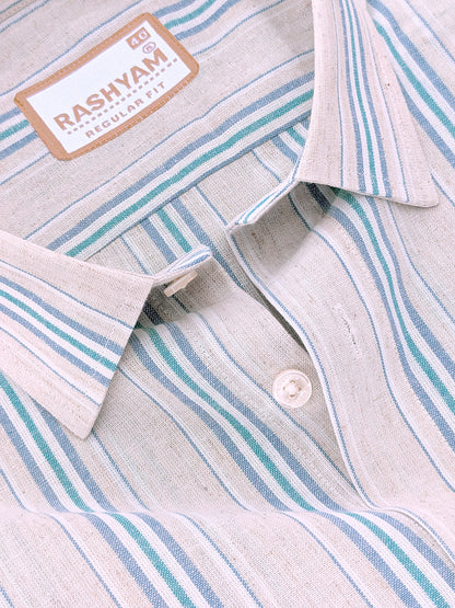 Premium Linen Cotton Off-White with Teal & Sky Blue Stripes Shirt