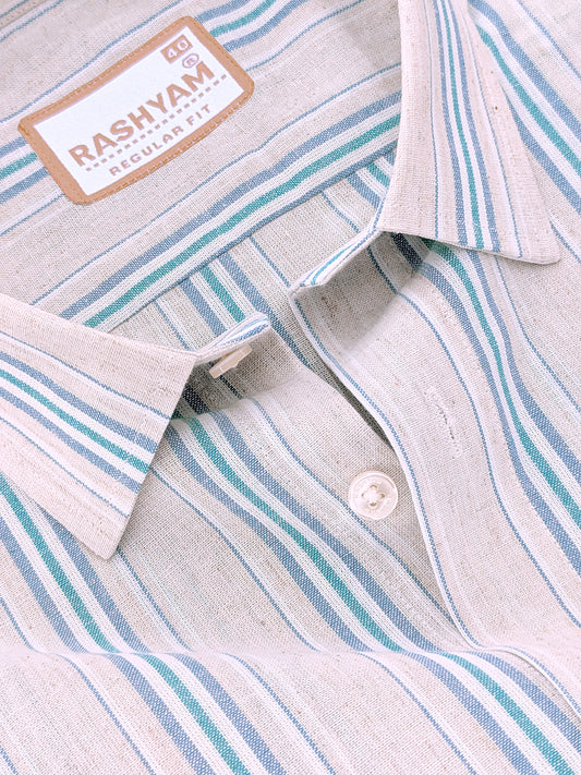 Premium Linen Cotton Off-White with Teal & Sky Blue Stripes Shirt