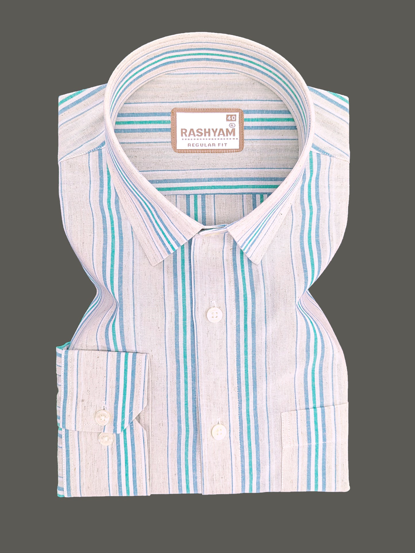 Premium Linen Cotton Off-White with Teal & Sky Blue Stripes Shirt