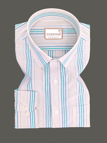 Premium Linen Cotton Off-White with Teal & Sky Blue Stripes Shirt