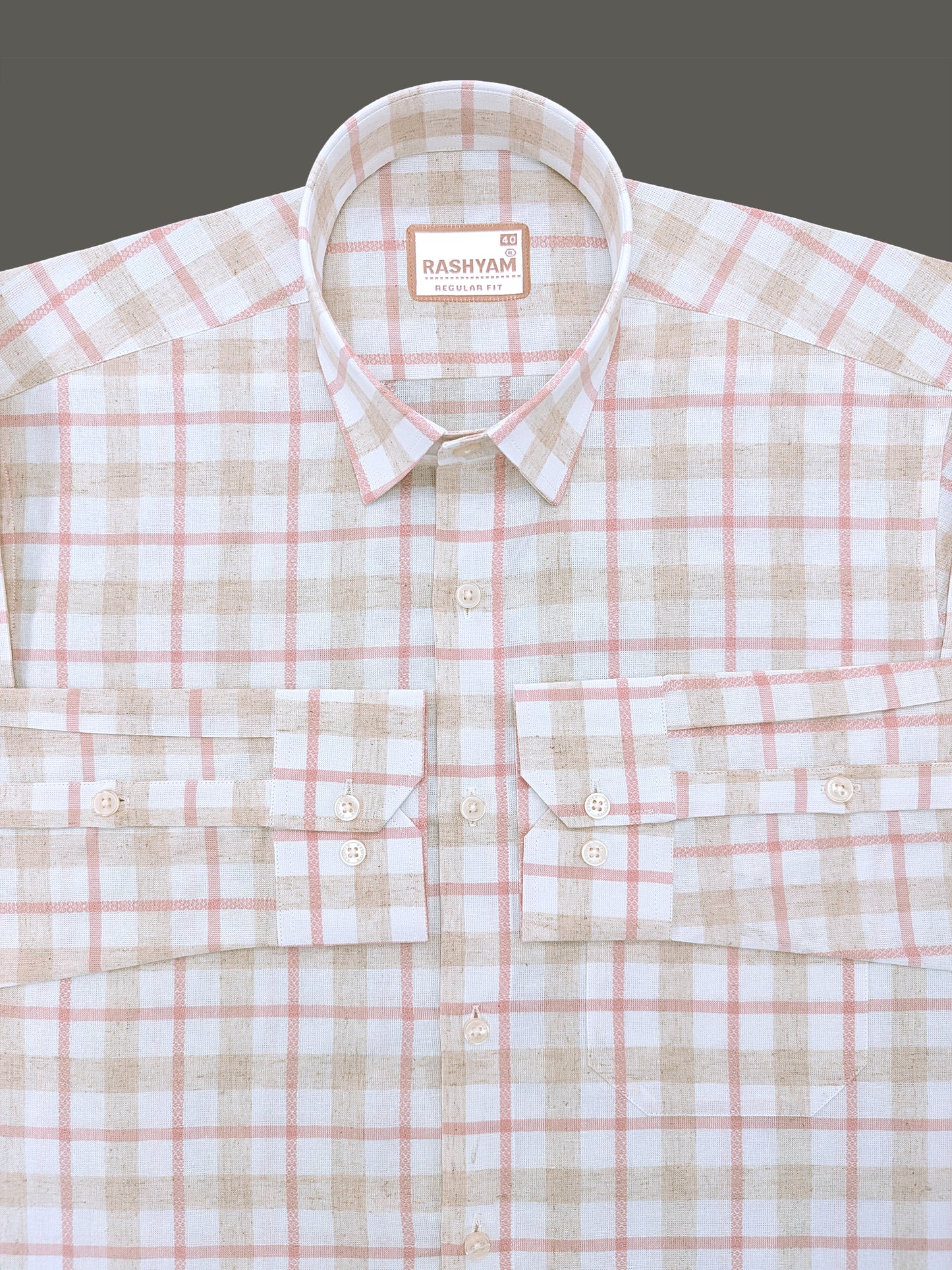 Pienza Premium Linen Cotton Ivory Cream with Blush Pink Checks Shirt