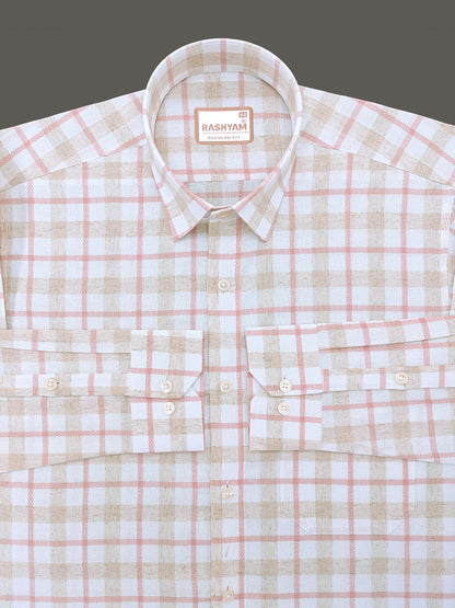 Pienza Premium Linen Cotton Ivory Cream with Blush Pink Checks Shirt