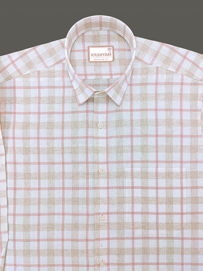 Pienza Premium Linen Cotton Ivory Cream with Blush Pink Checks Shirt
