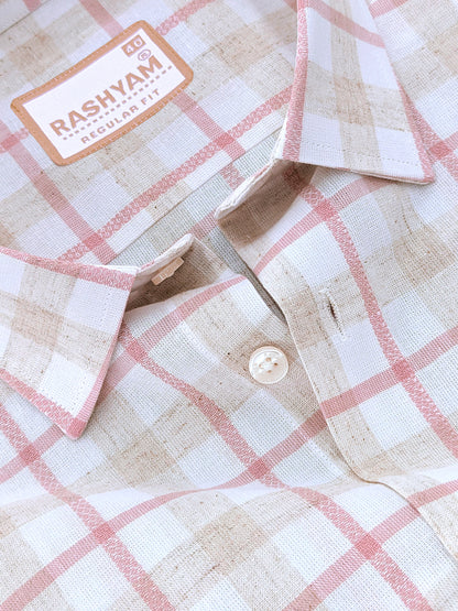Pienza Premium Linen Cotton Ivory Cream with Blush Pink Checks Shirt