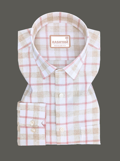 Pienza Premium Linen Cotton Ivory Cream with Blush Pink Checks Shirt
