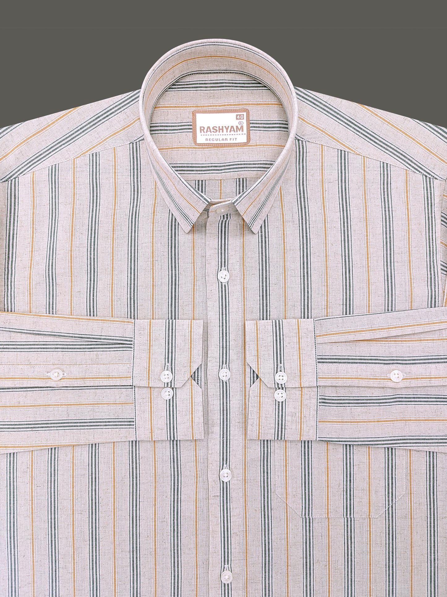Pienza Linen Cotton Beige With Olive Green And Mustard Stripes Shirt For Men