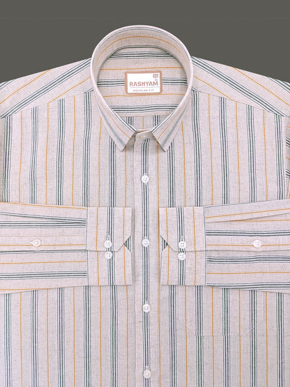 Pienza Linen Cotton Beige With Olive Green And Mustard Stripes Shirt For Men
