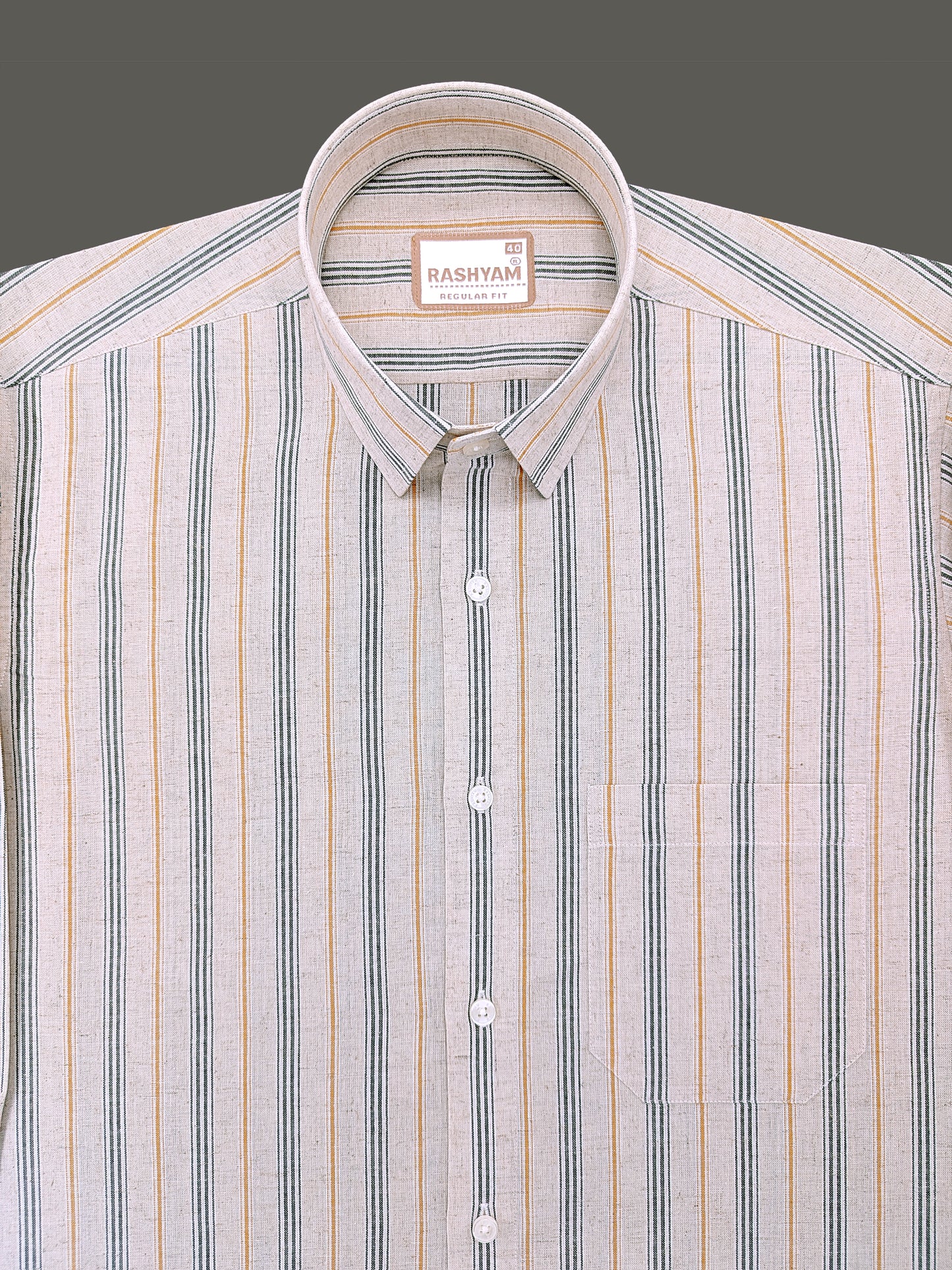 Pienza Linen Cotton Beige With Olive Green And Mustard Stripes Shirt For Men