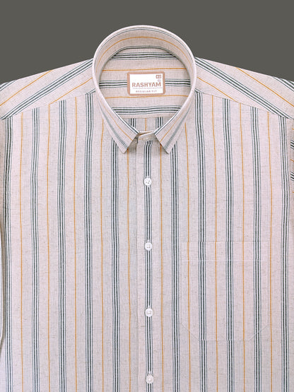 Pienza Linen Cotton Beige With Olive Green And Mustard Stripes Shirt For Men
