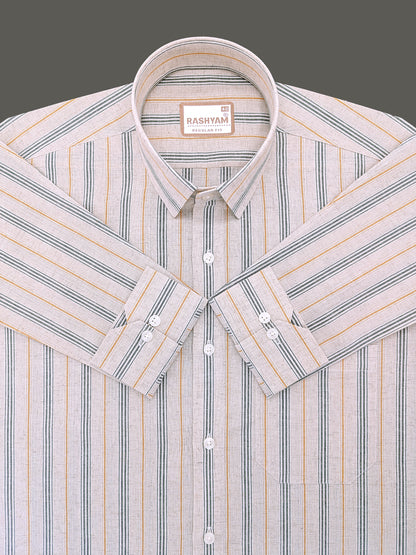 Pienza Linen Cotton Beige With Olive Green And Mustard Stripes Shirt For Men