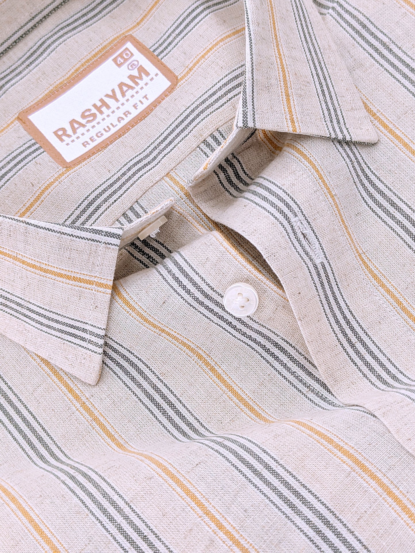 Pienza Linen Cotton Beige With Olive Green And Mustard Stripes Shirt For Men