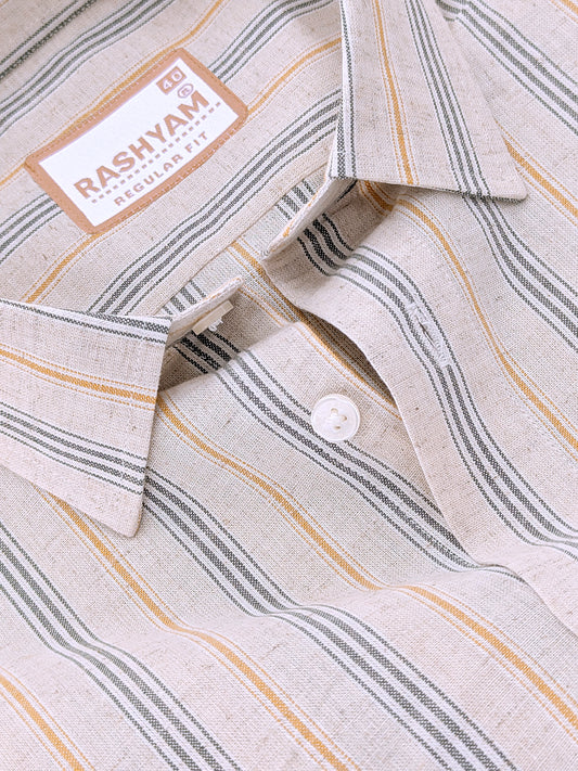 Pienza Linen Cotton Beige With Olive Green And Mustard Stripes Shirt For Men