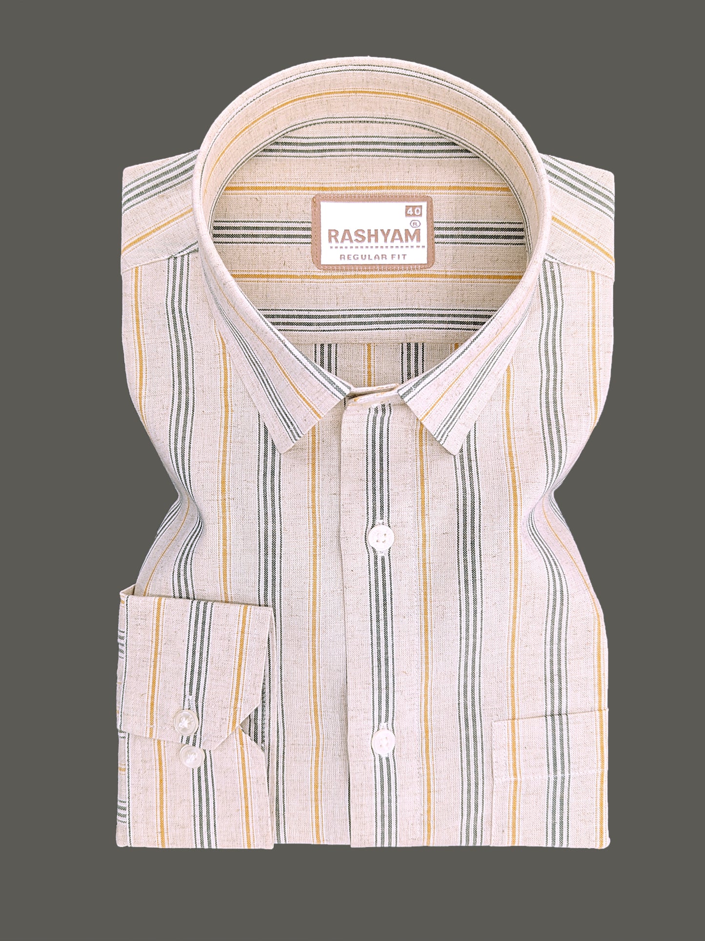 Pienza Linen Cotton Beige With Olive Green And Mustard Stripes Shirt For Men