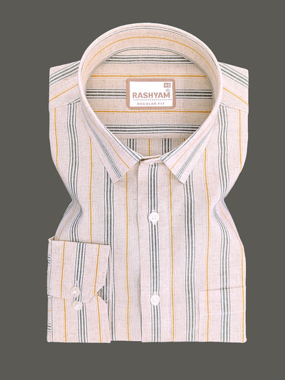 Pienza Linen Cotton Beige With Olive Green And Mustard Stripes Shirt For Men