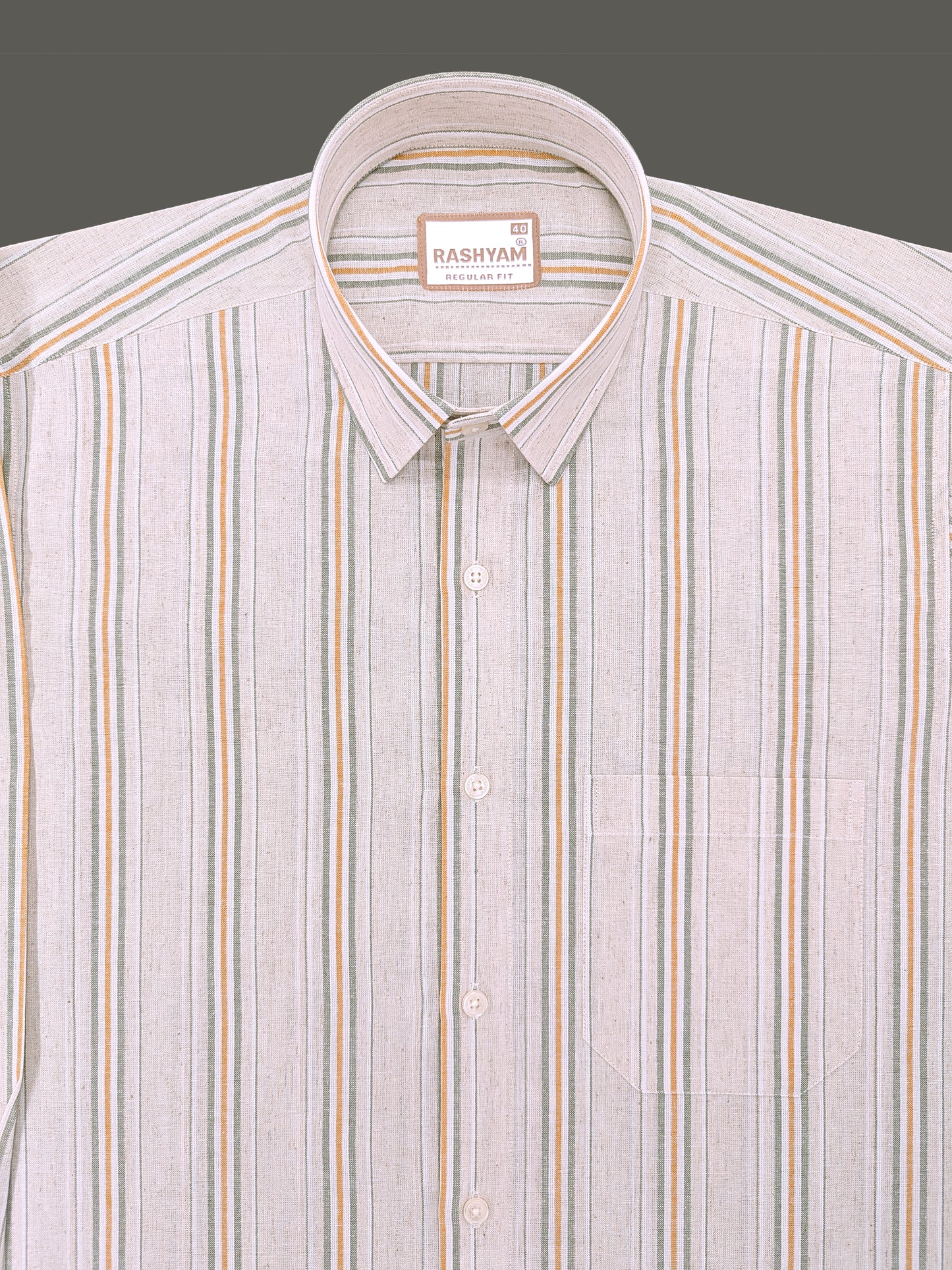 Pienza Premium Linen Cotton Olive Mist with Amber Lines Shirt