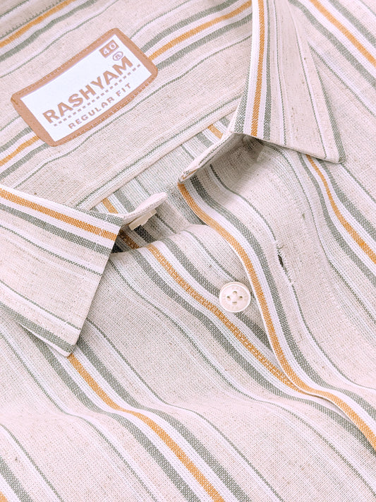 Pienza Premium Linen Cotton Olive Mist with Amber Lines Shirt