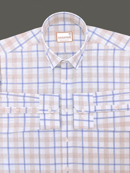 Premium Natural Linen Cotton With Powder Blue Checks