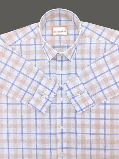 Premium Natural Linen Cotton With Powder Blue Checks