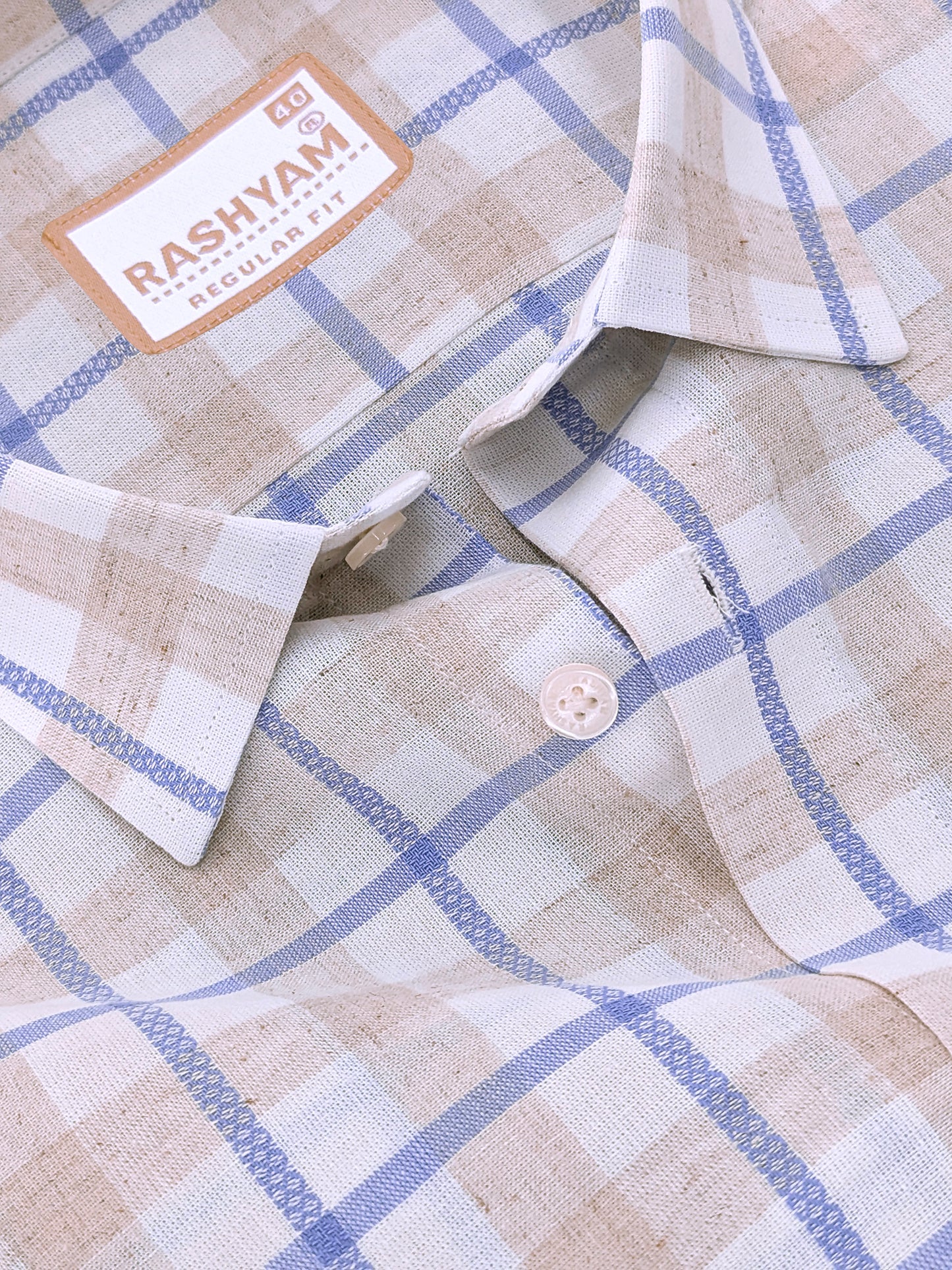 Premium Natural Linen Cotton With Powder Blue Checks