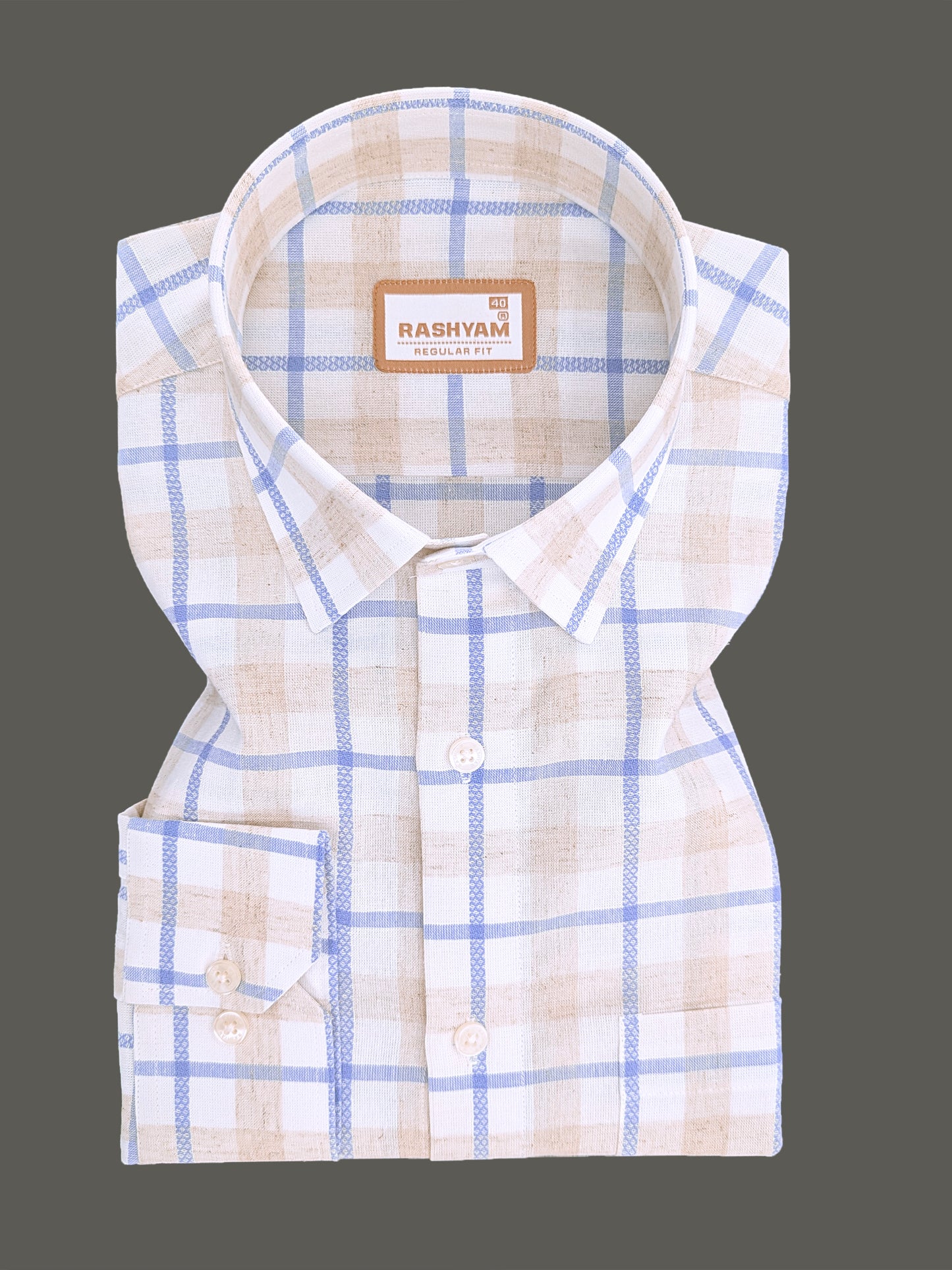 Premium Natural Linen Cotton With Powder Blue Checks
