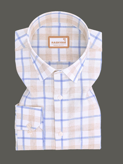 Premium Natural Linen Cotton With Powder Blue Checks