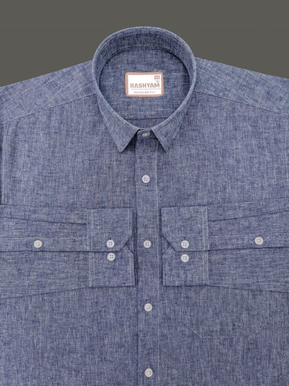 Velmora Luxurious Linen Cotton Dark Denim Blue Formal Shirt For Men
