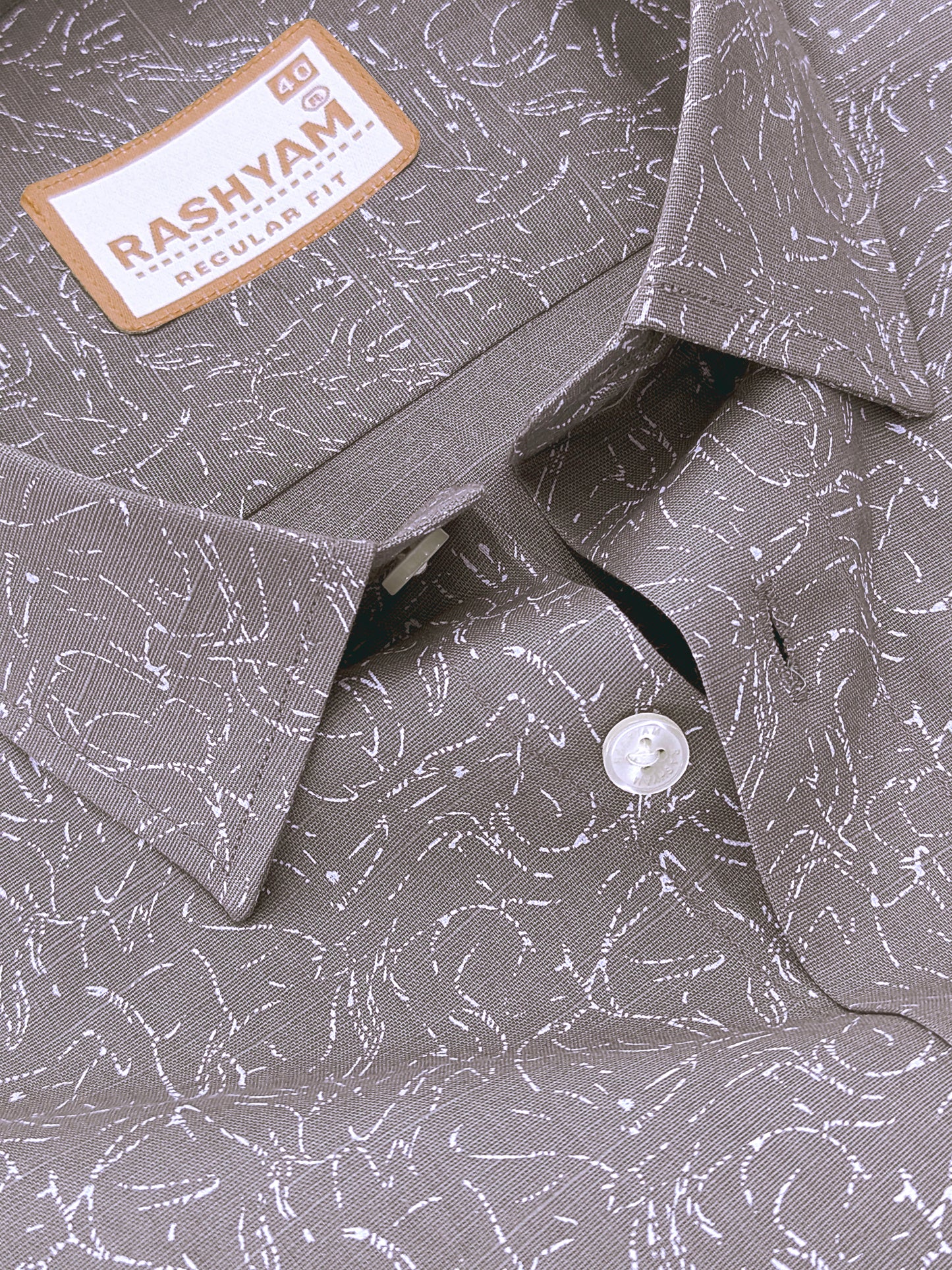 Olivetta Italian Premium Linen Pebble Beige Sketchleaf Printed Formal Shirt