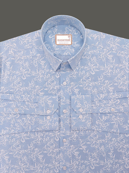 Olivetta Italian Premium Linen Cloud Blue Nordic Printed Formal Shirt