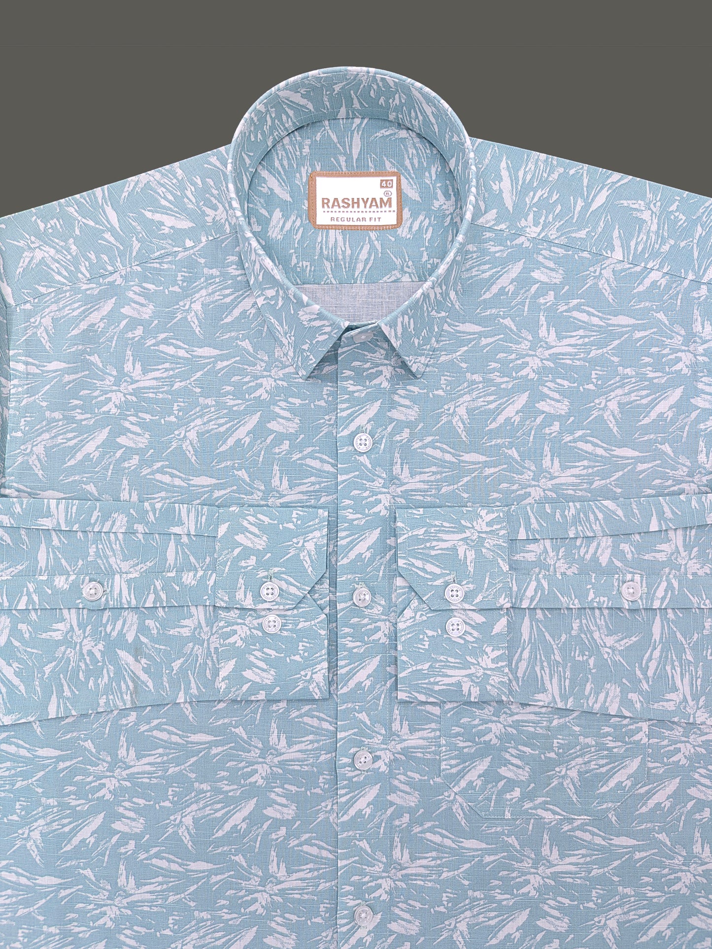 Premium Linen Cyan Blue Tropical Palm Printed Formal Shirt
