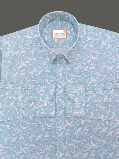 Premium Linen Cyan Blue Tropical Palm Printed Formal Shirt