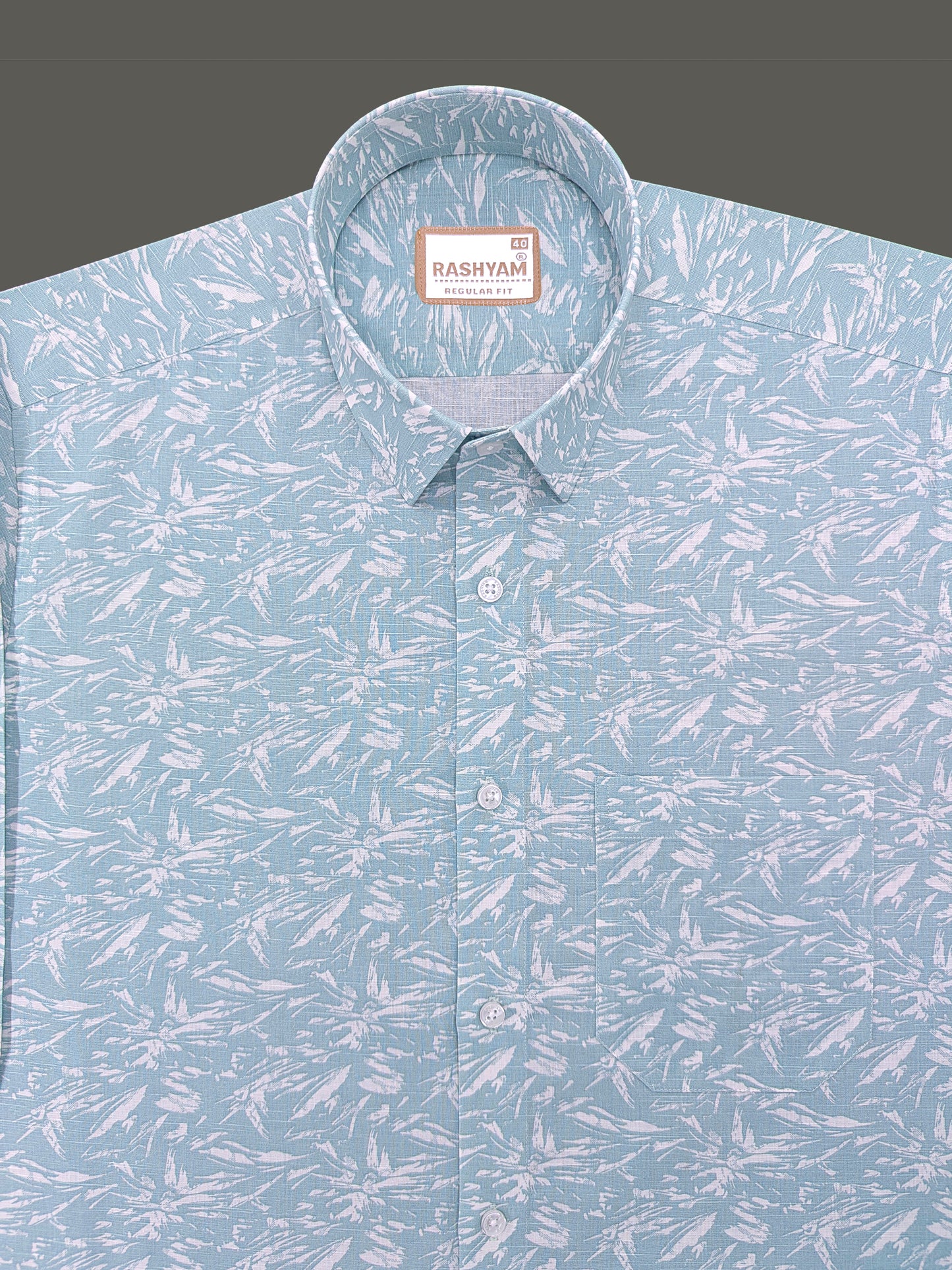 Premium Linen Cyan Blue Tropical Palm Printed Formal Shirt