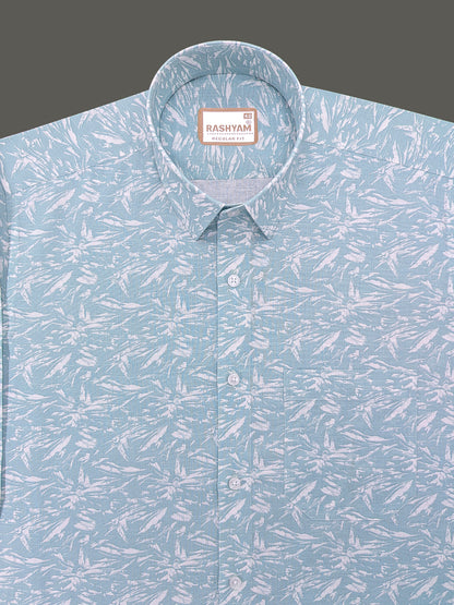 Premium Linen Cyan Blue Tropical Palm Printed Formal Shirt