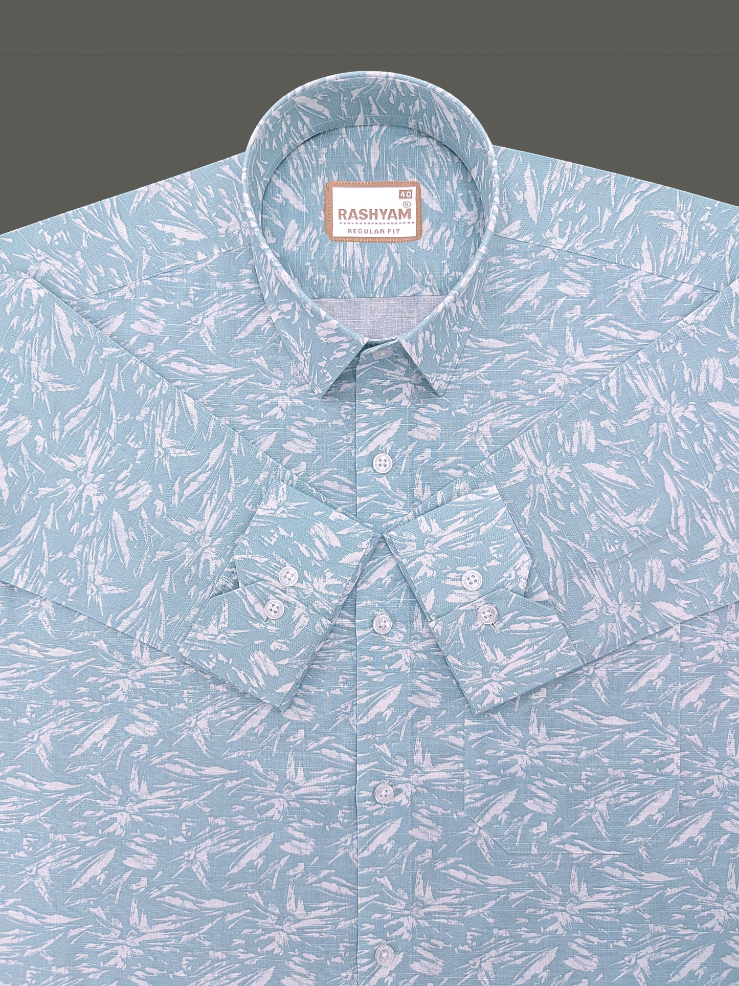 Premium Linen Cyan Blue Tropical Palm Printed Formal Shirt