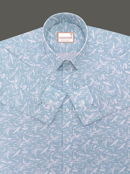 Premium Linen Cyan Blue Tropical Palm Printed Formal Shirt