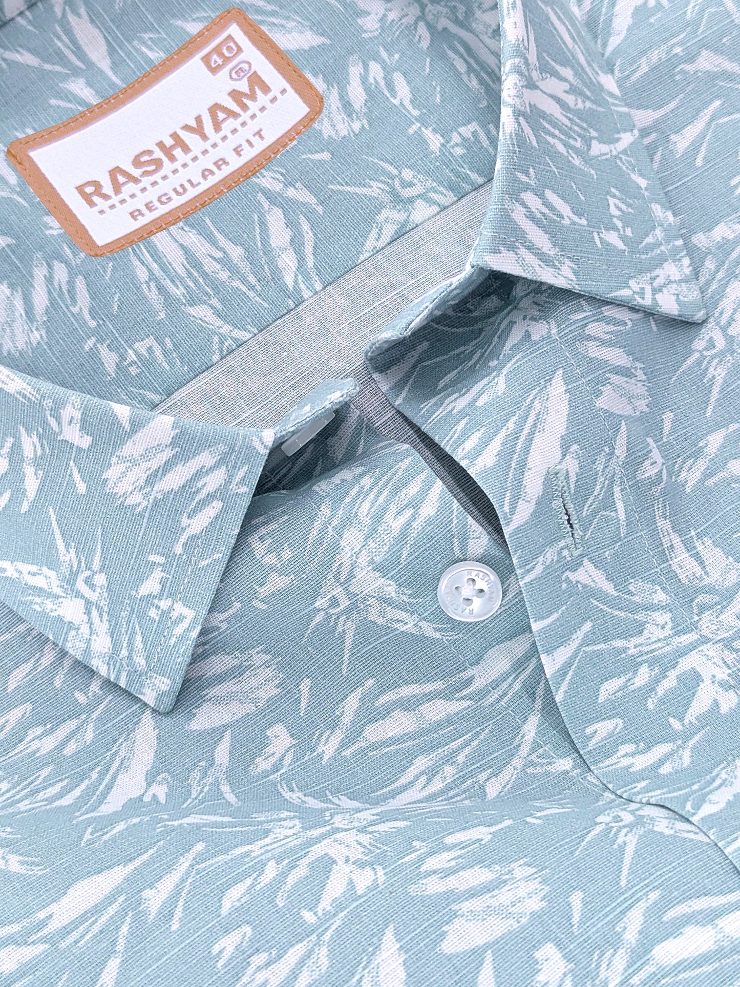 Premium Linen Cyan Blue Tropical Palm Printed Formal Shirt