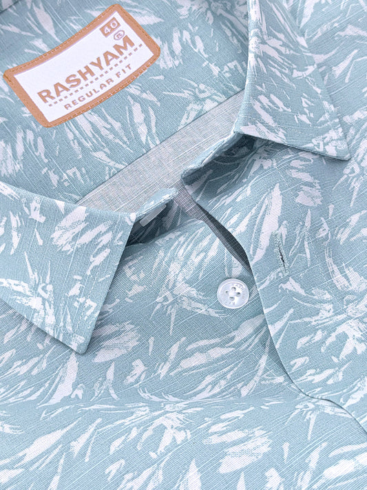 Premium Linen Cyan Blue Tropical Palm Printed Formal Shirt