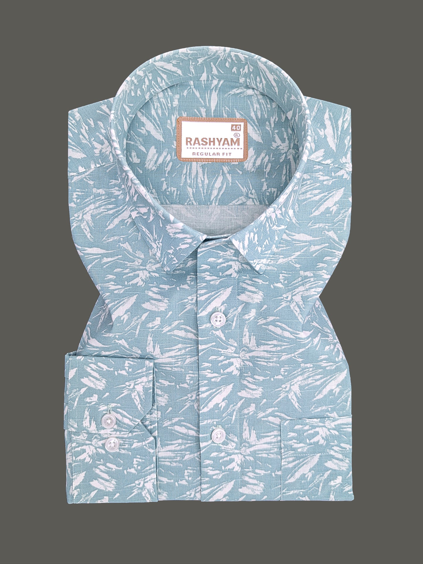 Premium Linen Cyan Blue Tropical Palm Printed Formal Shirt