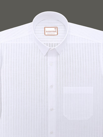 Italian Linen Cotton Bright White Self Striped Designer Formal Shirt