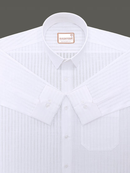 Italian Linen Cotton Bright White Self Striped Designer Formal Shirt