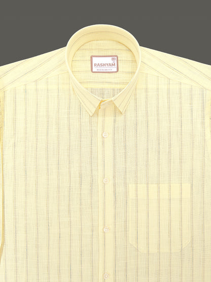 Bellariva Premium Linen Cotton Green And Blue Line On Lemon Yellow Formal Shirt