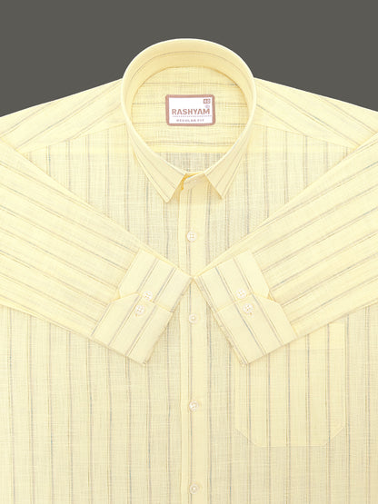 Bellariva Premium Linen Cotton Green And Blue Line On Lemon Yellow Formal Shirt