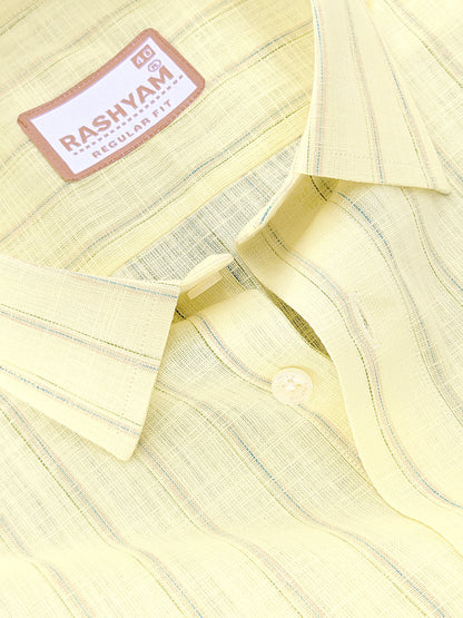 Bellariva Premium Linen Cotton Green And Blue Line On Lemon Yellow Formal Shirt